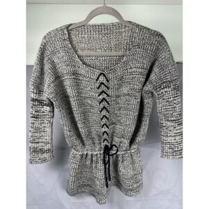 Chunky Knit Peplum Sweater Gray Speckled Lace Up Drawstring Waist 3/4 Sleeve M